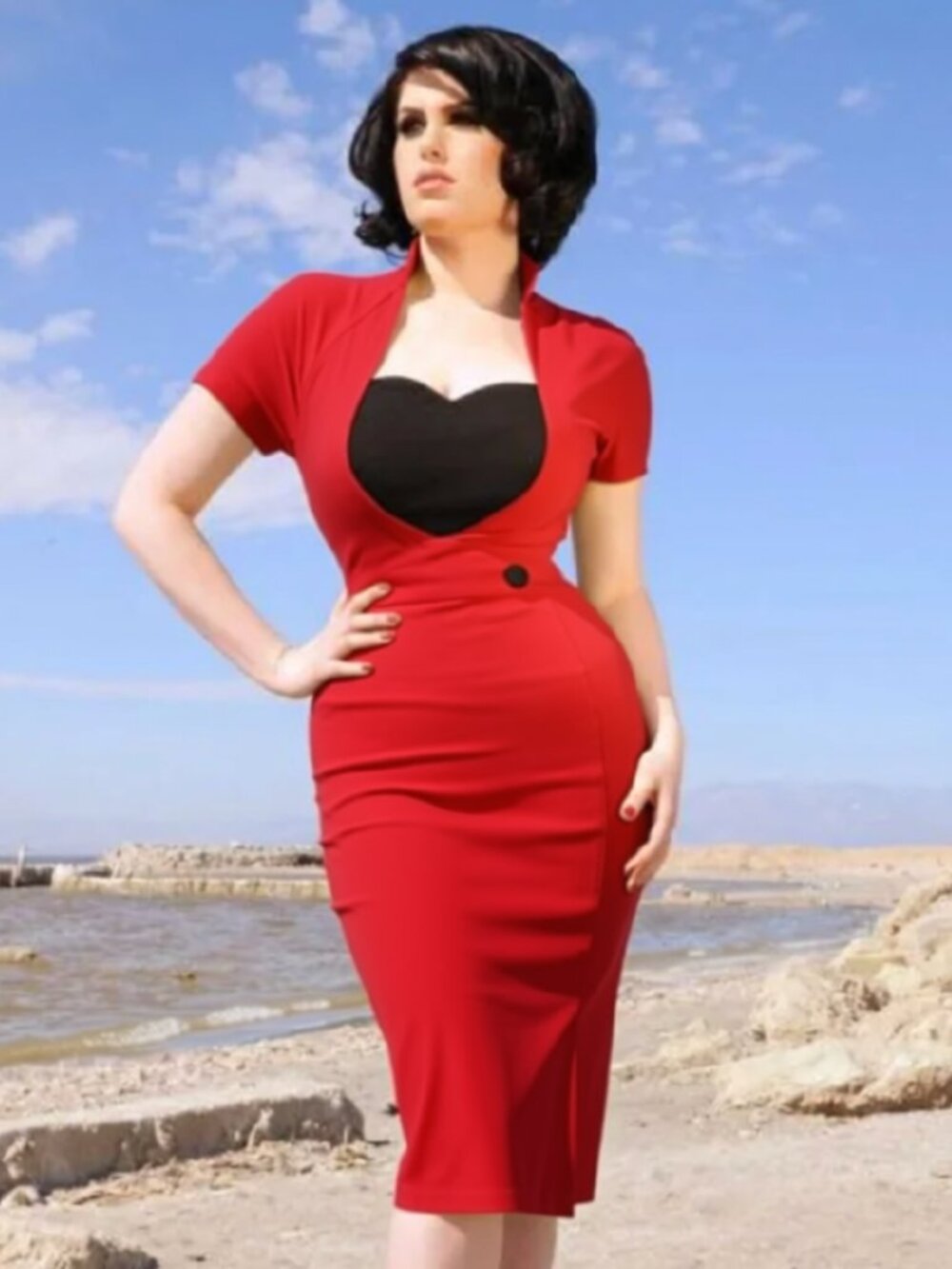 RARE! Red Pinup Couture Veronica Heart Dress, Heart-Shaped Neckline, Wiggle XS